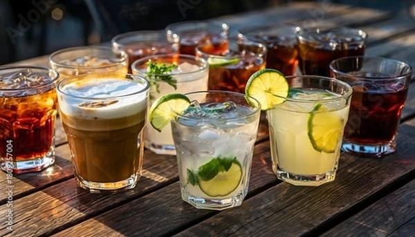 Obraz Many refreshing drinks in glasses, with ice and lime, arranged on a wooden surface, outdoors in natural light