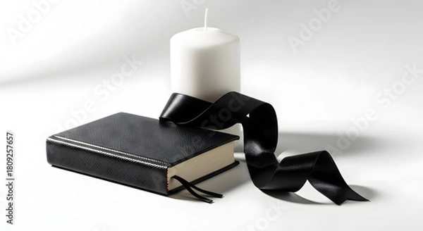 Fototapeta A black ribbon draped over a closed book beside a white candle, symbolizing remembrance and loss.