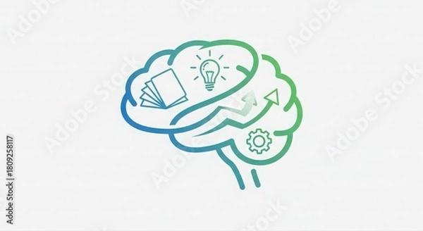 Fototapeta simple green and blue brain symbol, clean illustration of brain icon featuring idea symbols in two colors