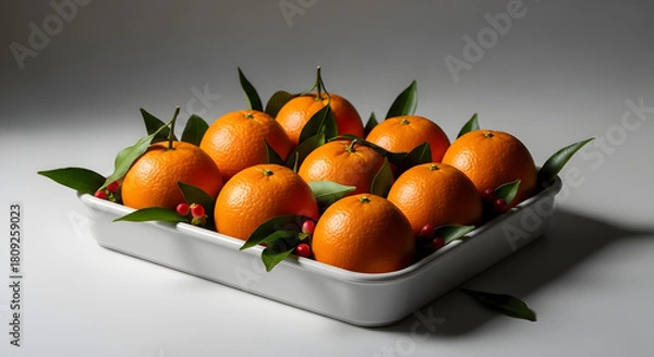 Fototapeta Fresh, vibrant tangerines arranged with green leaves and red berries in a white dish