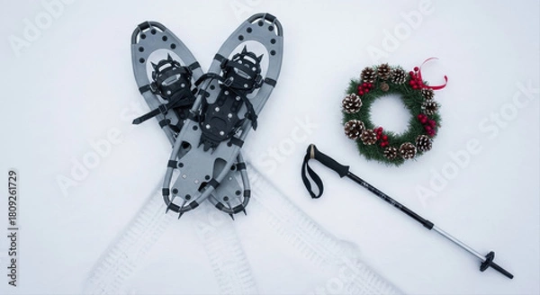 Fototapeta  Two snowshoes crossed on snowy ground with visible tracks. Small Christmas wreath and trekking pole nearby. Holiday snowshoe race gear, winter sport, wreath, white snow