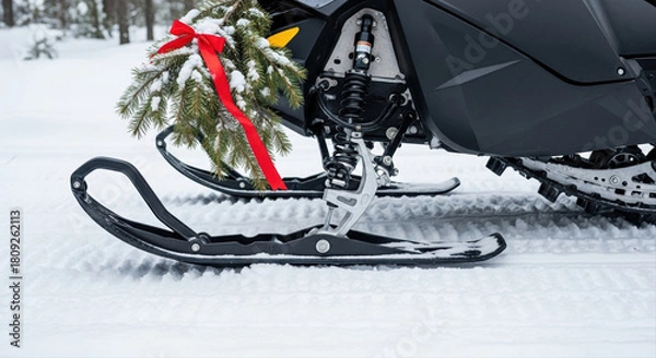 Fototapeta Snowmobile ski and track on packed snow surface. Pine branch and red ribbon secured to the vehicle. Festive Snowmobile Ride Adventure, Black, Red Ribbon, Winter Thrill