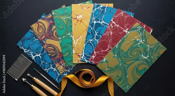 Fototapeta Aura photograph showing colorful energy field on dark surface. Gold ribbon and more aura prints arranged around it. marbling Colorful marbled paper cards, christmas swirl design, festive