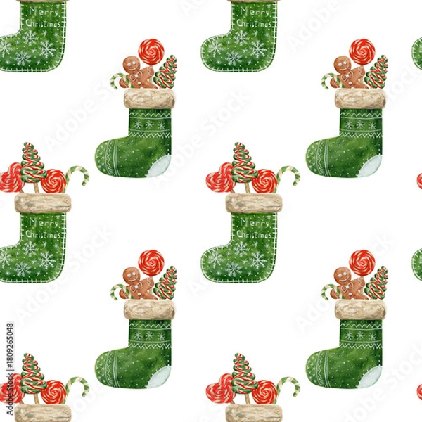 Fototapeta Watercolor Christmas stockings filled with sweets, candy canes, cookies, seamless pattern on a white background. For Xmas design, postcard decor, wallpaper, packaging.