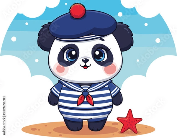 Fototapeta sailor panda, cartoon animal, striped shirt, red neckerchief, blue beret, beach scene, cute character, flat vector illustration