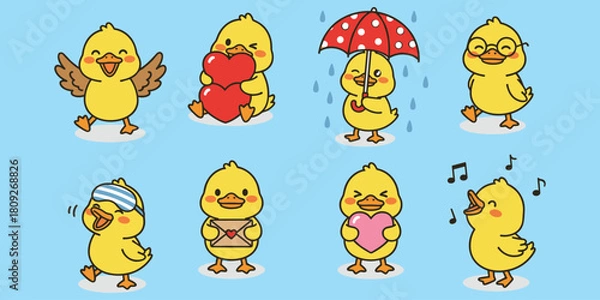 Obraz Cute ducklings, cartoon emotions, heart symbols, umbrella scene, musical notes, sleeping cap, kids illustration, expressive animals, flat vector illustration