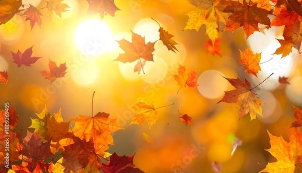 Obraz Maple leaves falling against a bokeh background of golden light, signaling a vibrant autumn scene