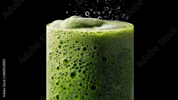 Obraz Close up view of a green frothy drink in a glass with droplets against a black background studio shot