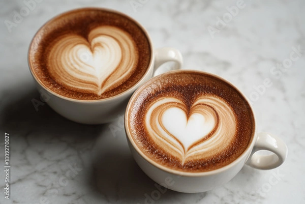 Obraz Dwie filiżanki kawy z mlecznymi serduszkami, idealne na walentynkową randkę