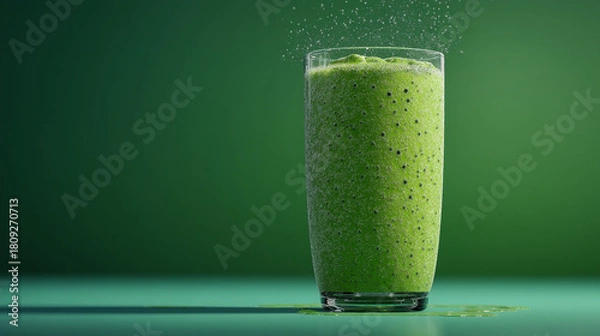 Fototapeta A tall glass of vibrant green smoothie with specks and a green background for a healthy drink concept