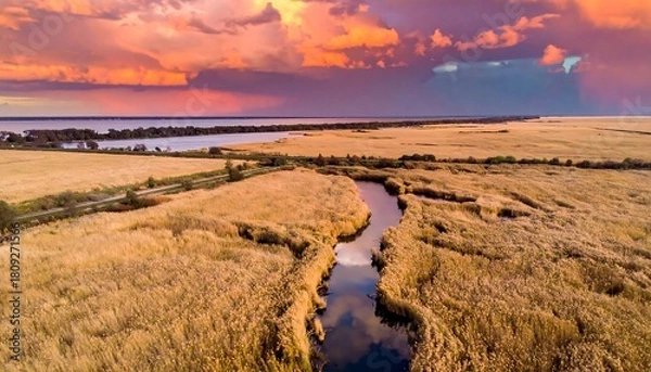 Obraz Marshy river landscape with tall grasses beneath a dramatic, colorful sunset sky, reflected in the water