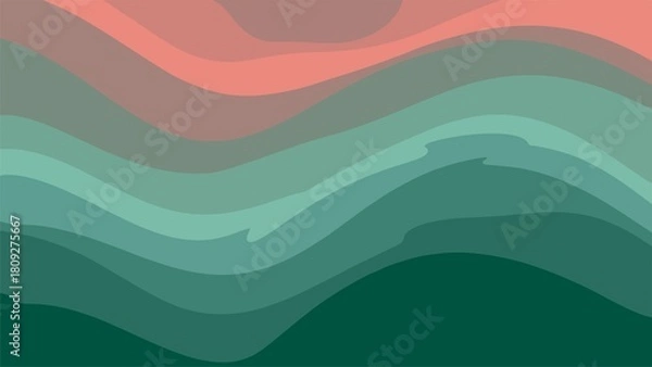 Fototapeta Abstract wavy layers background in green and coral color palette design