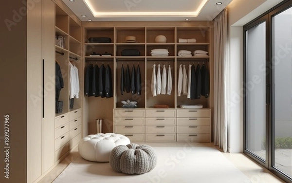 Fototapeta Modern Minimalist Walk In Closet Design With Neutral Tones. High quality