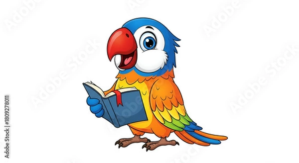 Fototapeta Cute cartoon parrot or macaw bird reading a book educational animal character illustration