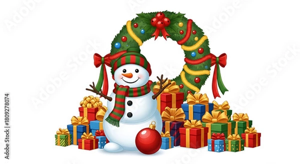 Fototapeta Smiling snowman with christmas wreath and gifts on a snowy background holiday greeting scene