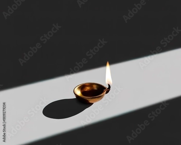 Fototapeta Lit Brass Diya Oil Lamp Casting a Shadow on a Striped Surface ancient candle