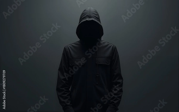 Fototapeta Mysterious figure in dark hooded jacket minimalist backdrop sleek design cool tones. High quality