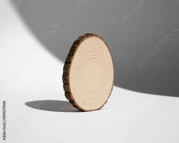 Obraz Single wood log slice standing upright with bark and growth rings on white cross section tree
