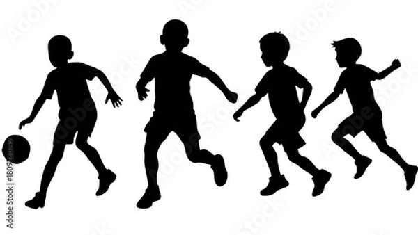 Fototapeta Silhouette of young boys playing soccer and running in a dynamic action scene representing childhood energy and teamwork on a white background perfect for sports themed designs