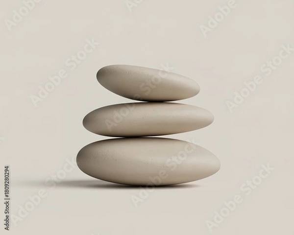 Fototapeta Stacked Smooth Beige Oval Stones Balanced On White Surface rocks pebbles