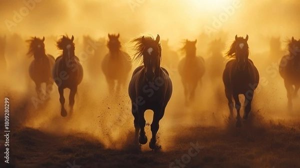 Fototapeta Silhouettes of horses running in a herd --ar 16:9 --stylize 250 --v 6.1 Job ID: fd7fa114-54ff-4484-bb91-7c6658ac97c3