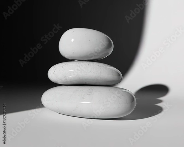 Fototapeta Stacked White Marble Stones With Veining And Dramatic Shadows rocks pebbles