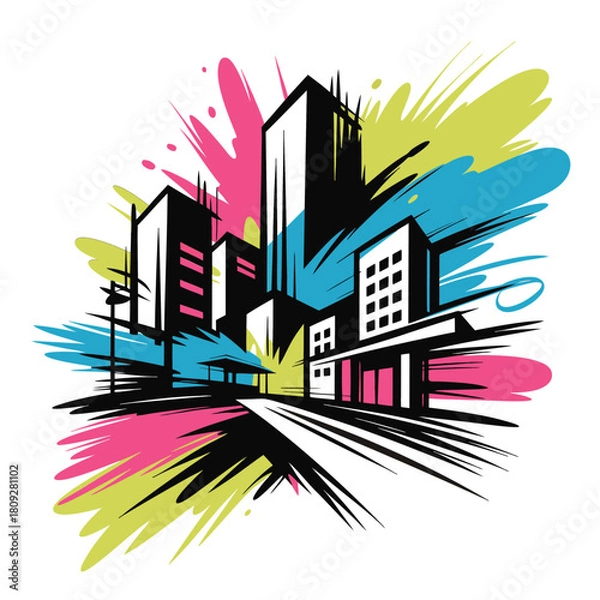 Fototapeta Abstract Cityscape Vector Illustration with Colorful Splashes