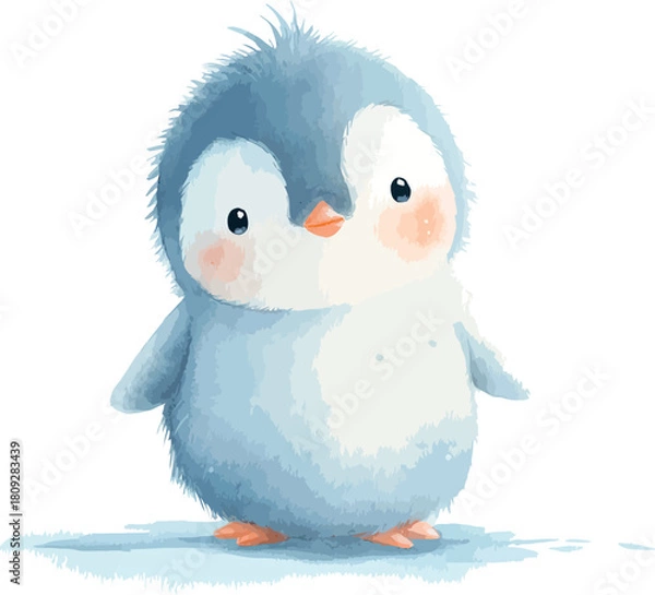 Fototapeta Charming watercolor depiction of a fluffy baby penguin standing adorably in soft artistic detail - vector illustration