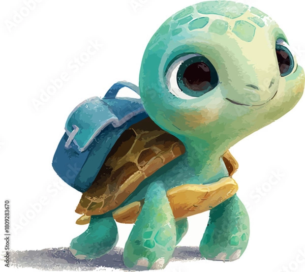 Fototapeta Playful watercolor interpretation of a cute cartoon turtle character carrying a small backpack happily - vector illustration