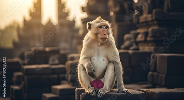 Obraz Monkey Contemplation at Ancient Temple Ruins.