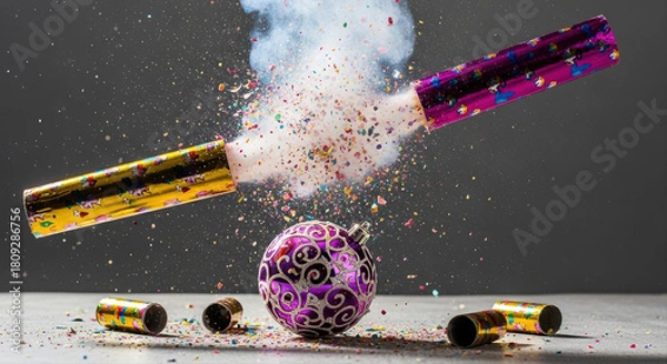 Fototapeta Vibrant confetti cannon burst in action shot with colorful streamers exploding against a dark background, featuring decorative purple ornament nearby