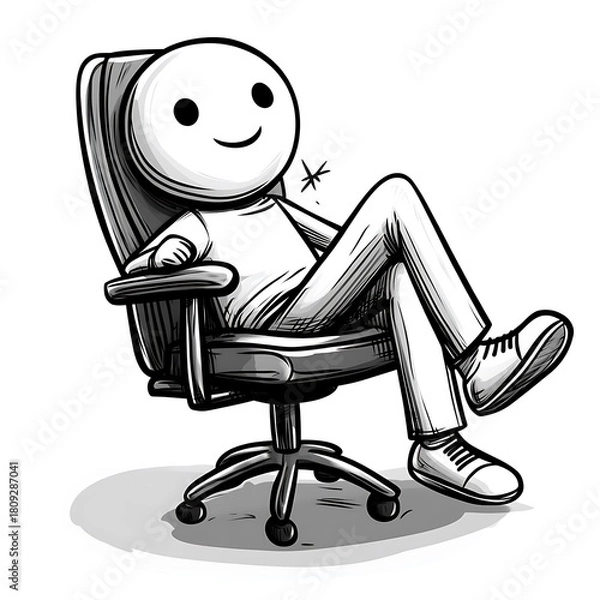 Fototapeta Cheerful stick figure character experiencing a successful moment while relaxing in an office chair with feet up