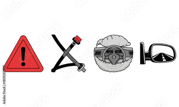 Fototapeta Car Safety Icons Warning Sign, Seatbelt, Airbag, and Side Mirror on White Background