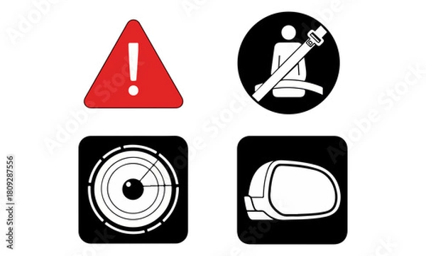 Fototapeta Car Safety Icons Warning, Seatbelt, Radar, Side Mirror