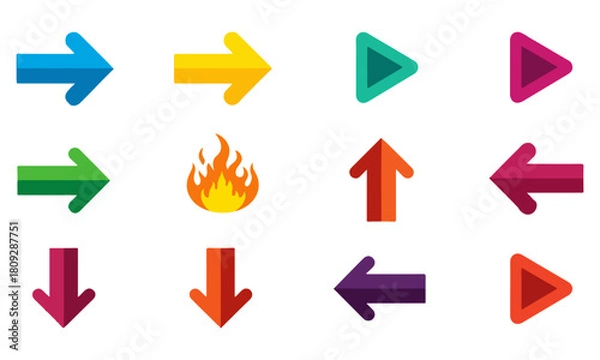 Fototapeta Colorful Arrow Icons and Fire Symbol Collection on White Background