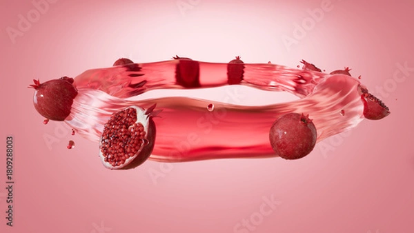 Fototapeta 3D rendering of Fresh Pomegranates Floating in Red Juice Splash Ring on Pink Background

