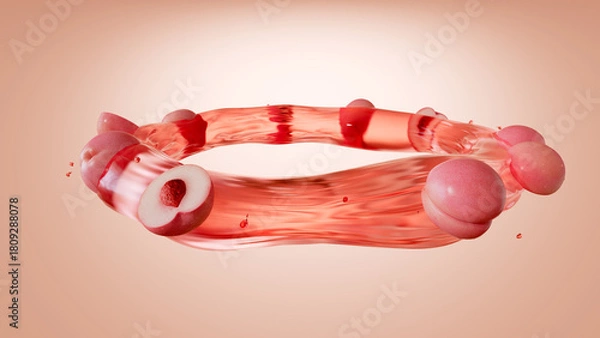 Fototapeta 3D rendering of Fresh Peaches Floating in Pink Juice Splash Ring on Soft Peach Background
