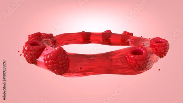 Fototapeta 3D rendering of Fresh Raspberries Floating in Red Juice Splash Ring on Pink Background

