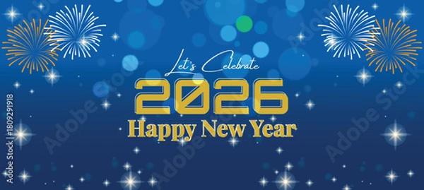 Fototapeta Bright Blue New Year 2026 Banner with Fireworks and Bokeh Lights