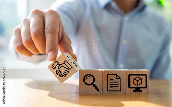 Fototapeta Hand placing a wooden block with a handshake icon to complete a sequence of blocks representing search document management and online solutions for business success and partnership