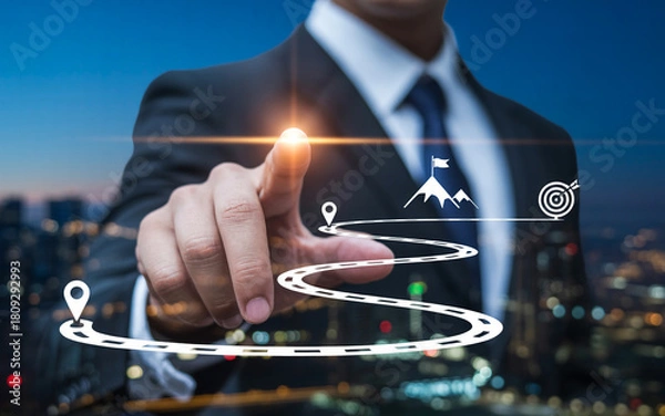 Fototapeta Businessman touching virtual route to success over city lights at night representing business strategy and planning for achieving goals and milestones in a competitive market