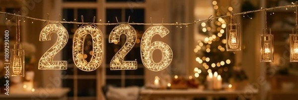 Fototapeta Illuminated 2026 year number light garland, festive decoration for New Year's Eve celebration in a cozy home interior with blurred background
