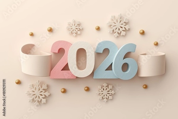 Fototapeta Festive display of the year 2026 with textured numbers in pink and blue, surrounded by decorative snowflakes and golden spheres on a light beige background. Ideal for New Year and holiday themes