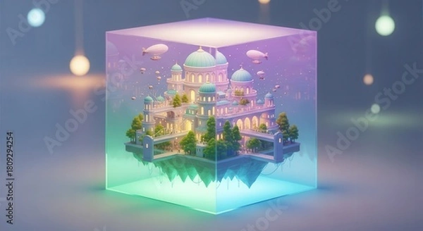 Obraz Illuminated fantasy citadel floats suspended within a translucent cubic container