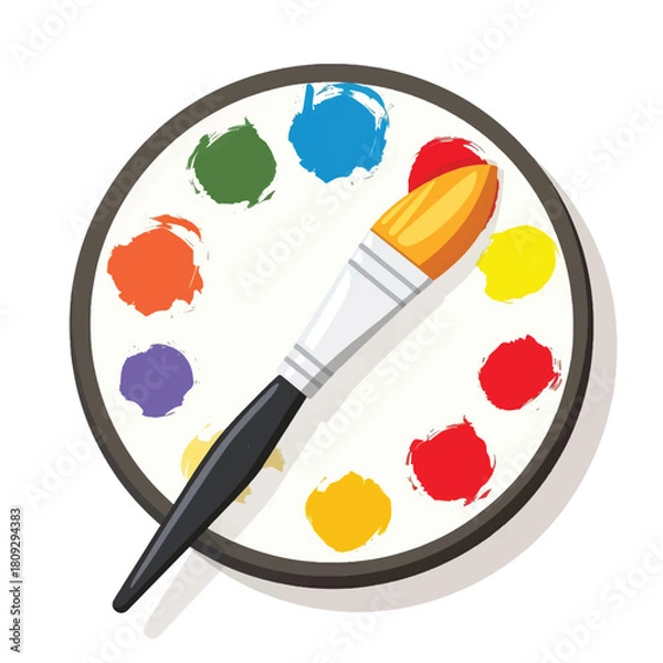 Fototapeta Flat style icon of a paintbrush and artist palette, isolated on a clean white background, featuring simple colorful design elements suitable for creative tools.