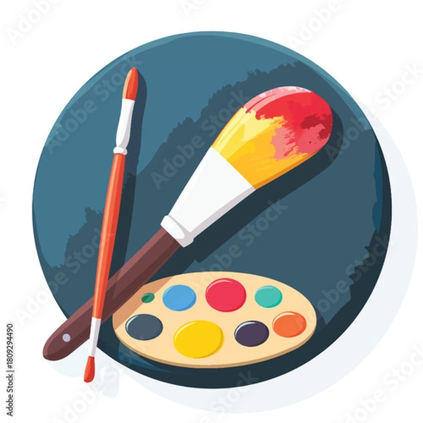 Fototapeta Flat style icon of a paintbrush and artist palette, isolated on a clean white background, featuring simple colorful design elements suitable for creative tools.