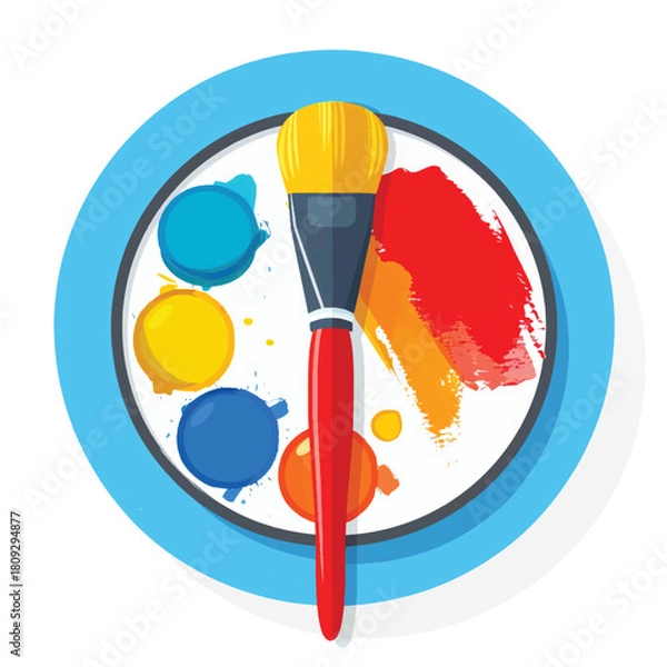 Fototapeta Flat style icon of a paintbrush and artist palette, isolated on a clean white background, featuring simple colorful design elements suitable for creative tools.