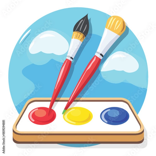 Fototapeta Flat style icon of a paintbrush and artist palette, isolated on a clean white background, featuring simple colorful design elements suitable for creative tools.