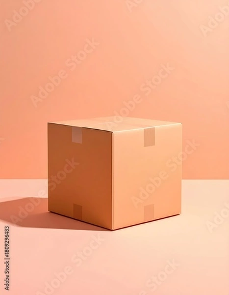 Fototapeta Cardboard cube box centered, peachy color background