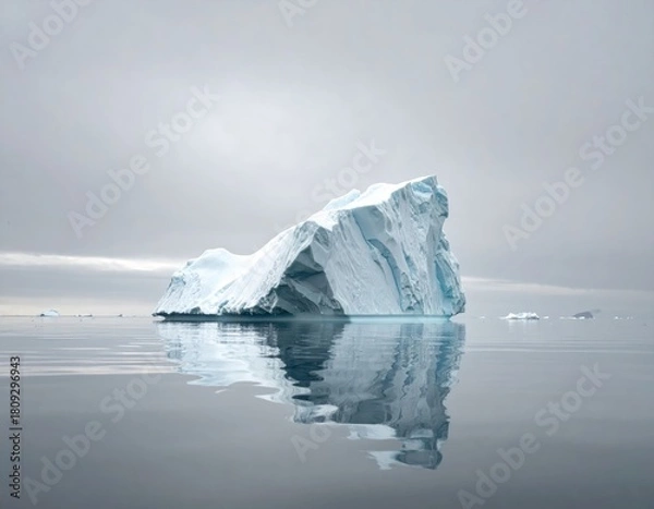 Fototapeta Iceberg in calm water with cloudy, gray sky